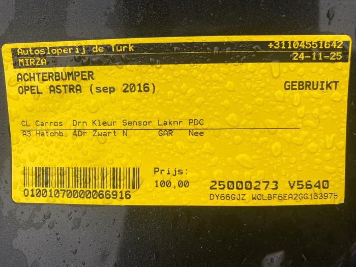 Bakre stötfångare från en Opel Astra K 1.0 SIDI Turbo 12V 2016