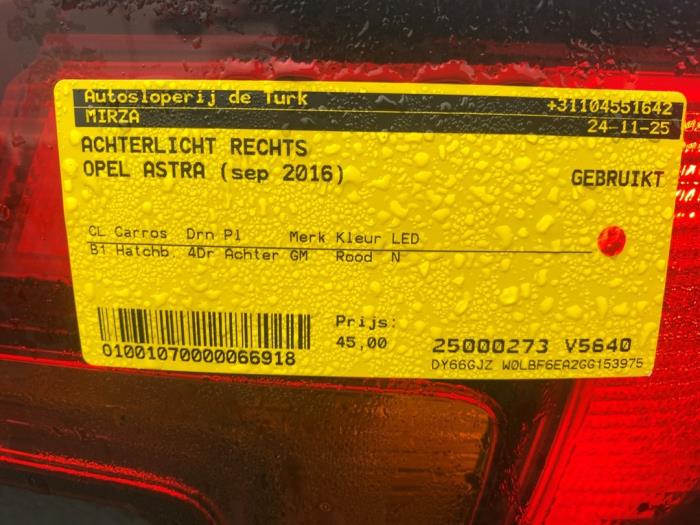 Baklykta, höger från en Opel Astra K 1.0 SIDI Turbo 12V 2016