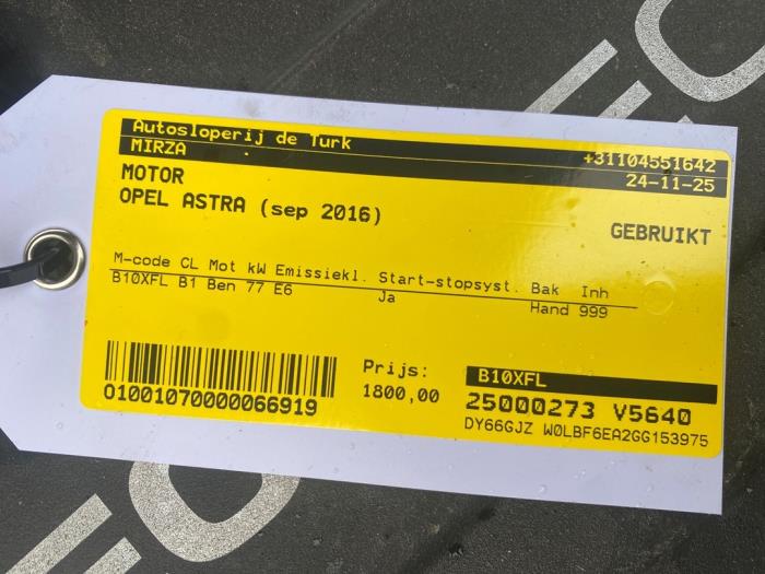 Motor från en Opel Astra K 1.0 SIDI Turbo 12V 2016