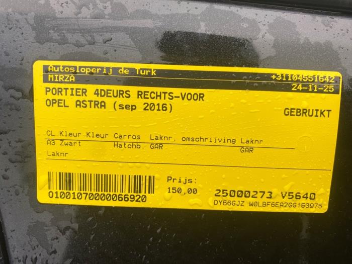 Framdörr, 4-dörrars, höger från en Opel Astra K 1.0 SIDI Turbo 12V 2016