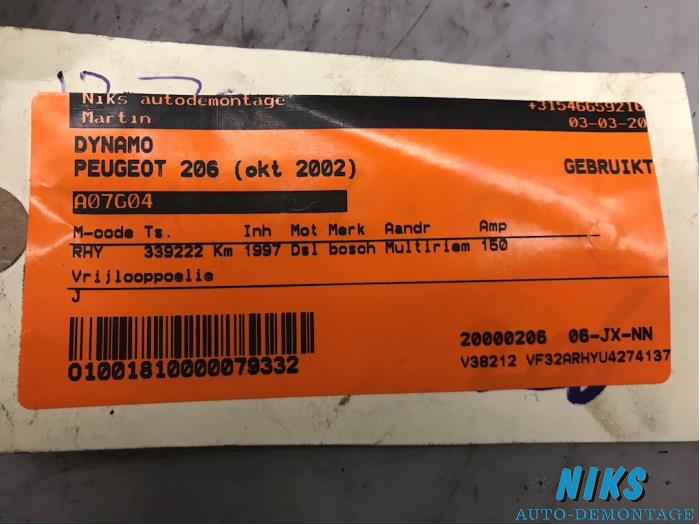 Dynamo van een Peugeot 206 (2A/C/H/J/S) 2.0 XS,XT HDi 2002