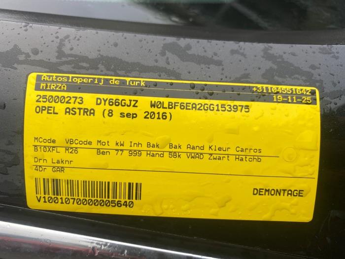 Opel Astra K 1.0 SIDI Turbo 12V Skrotfordon (2016, ZWART)